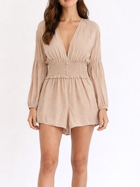 Beige Smocked Waist Romper Boho Neutral V Neck Flowy Long Sleeve Size Small NWT